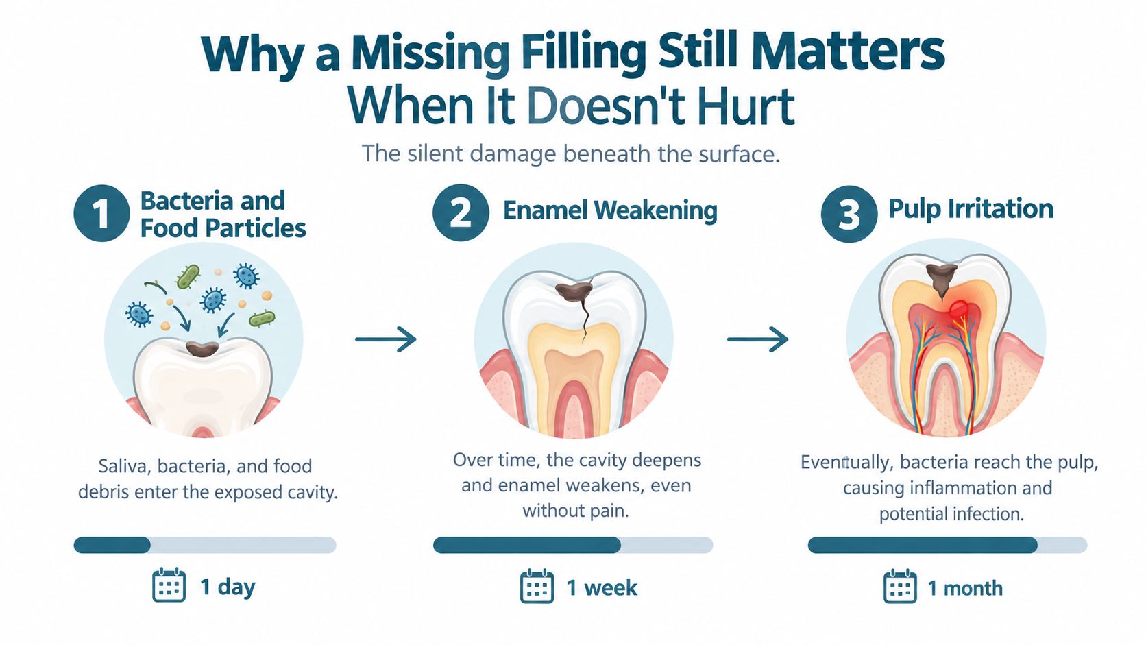 A diagram illustrating how a missing dental filling causes progressive damage to a tooth over time.