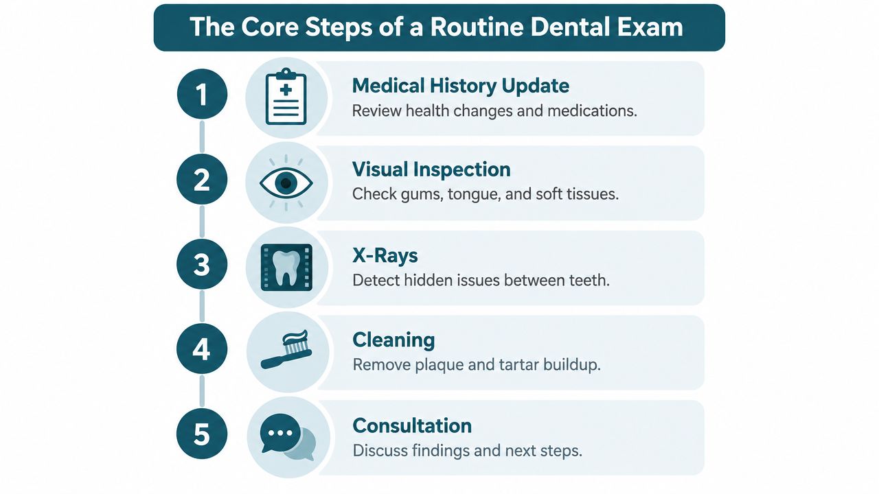 A diagram outlining the five core steps of a routine dental exam including medical history and cleaning.