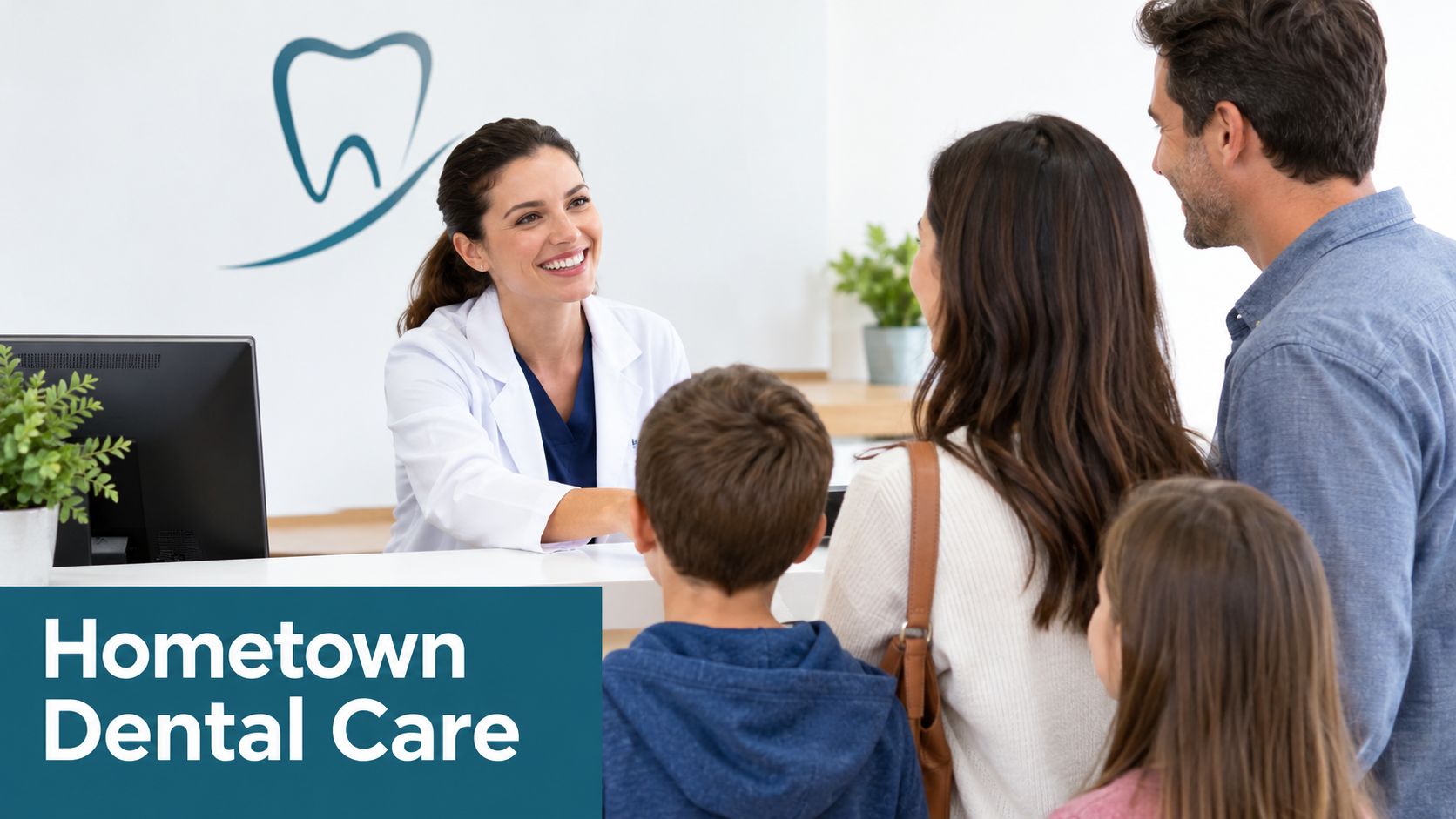 A friendly female dentist smiling while speaking with a family at a modern dental office reception desk.