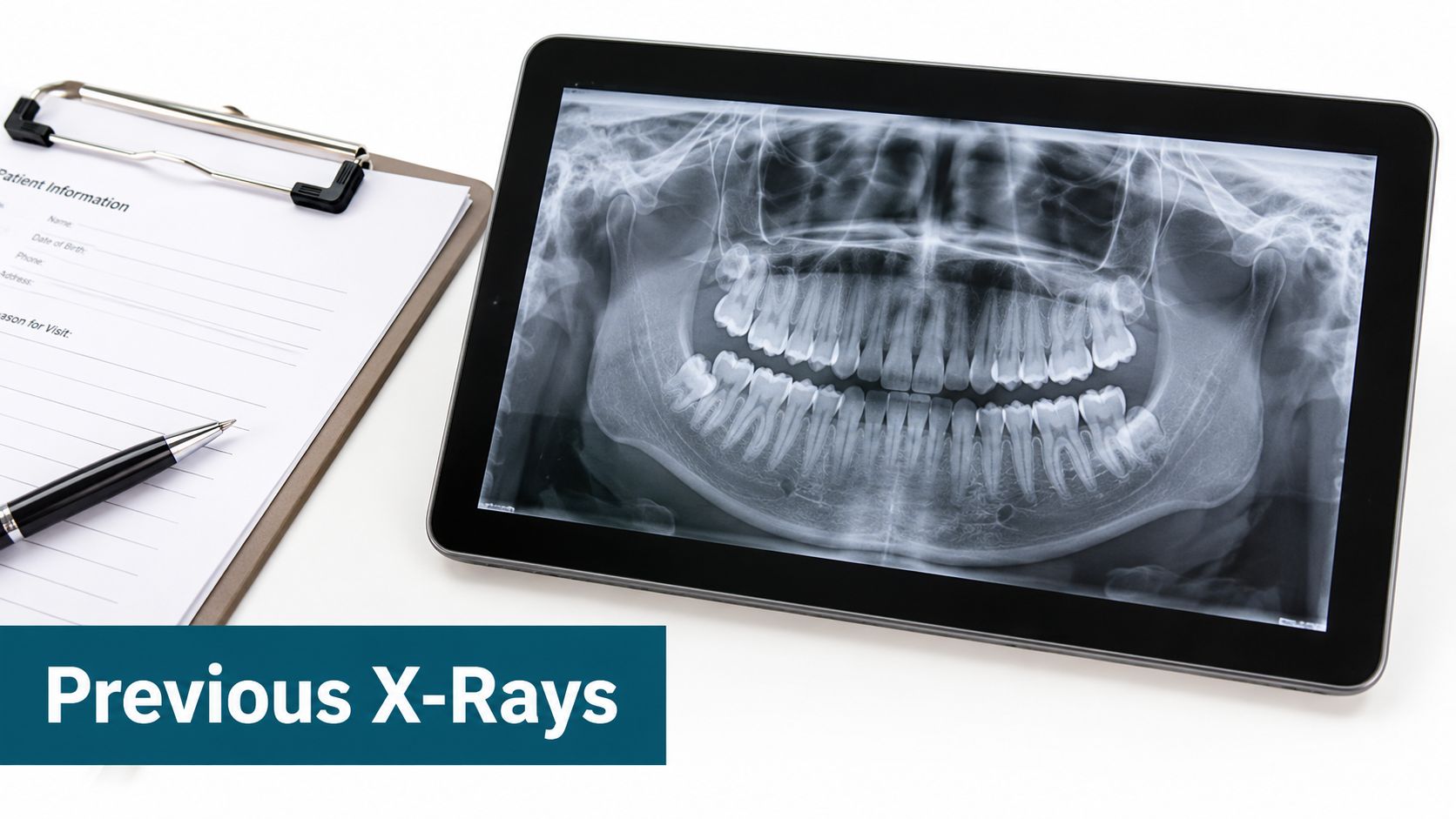 A digital tablet displaying a panoramic dental X-ray next to a patient information form and pen.