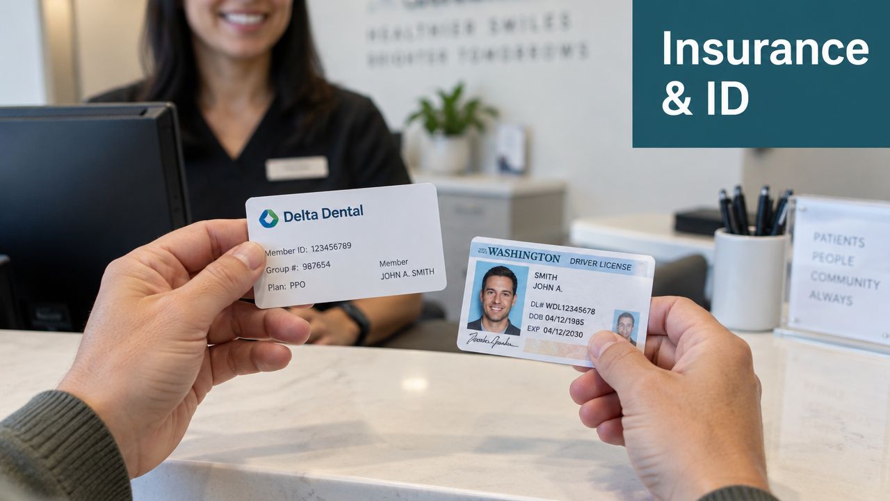 A person hands their dental insurance card and driver license to a receptionist at a dental clinic.