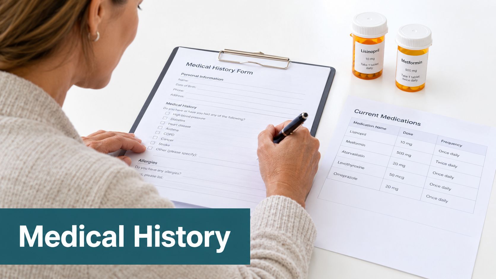 A woman filling out a medical history form while reviewing a list of her current daily medications.