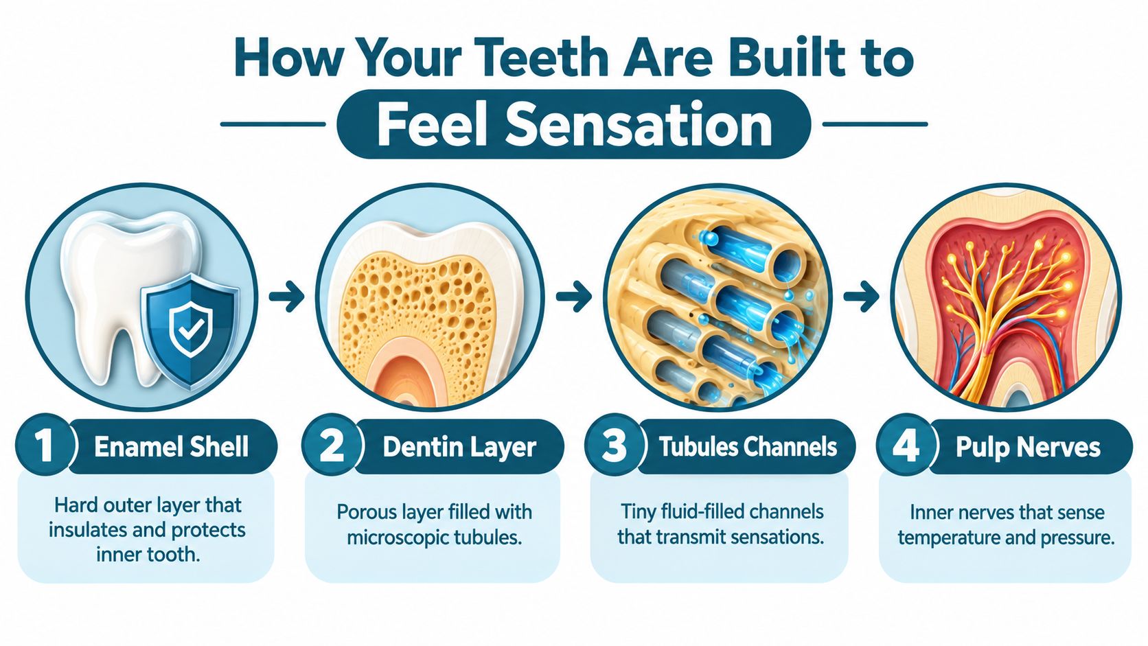 A diagram explaining how tooth sensitivity works through the enamel, dentin, tubules, and pulp nerves.