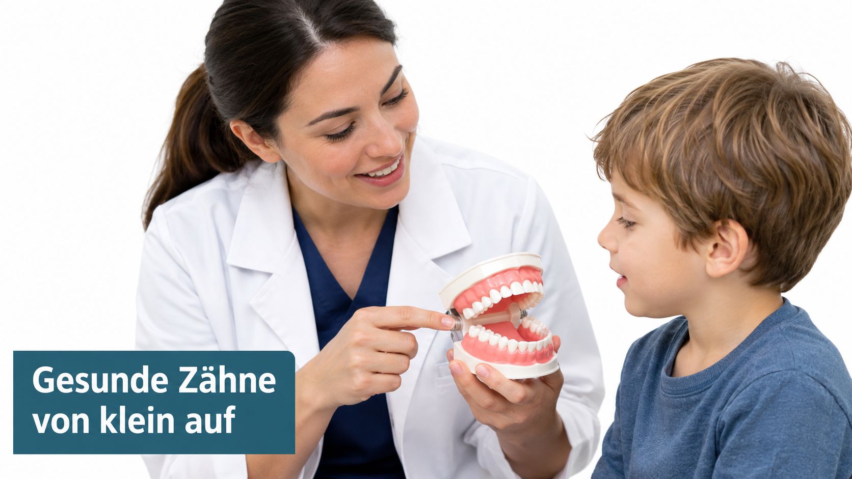 A friendly dentist teaching a young child about dental hygiene using a set of teeth model.