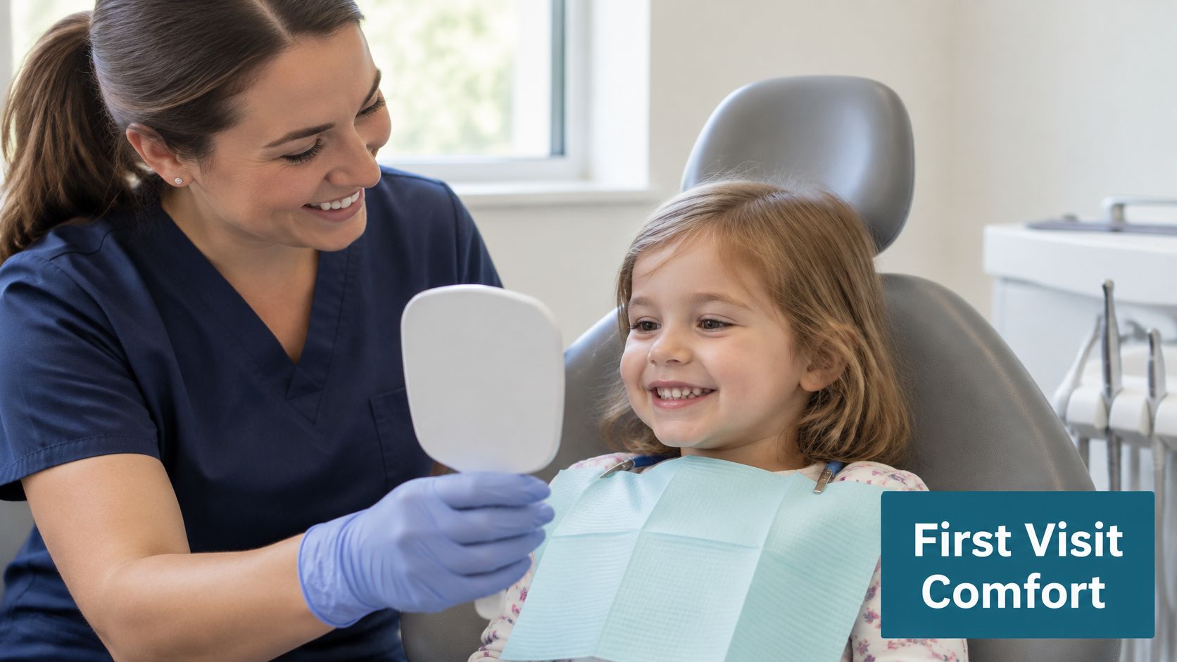 A friendly dentist shows a young smiling girl her teeth in a mirror during a dental exam.