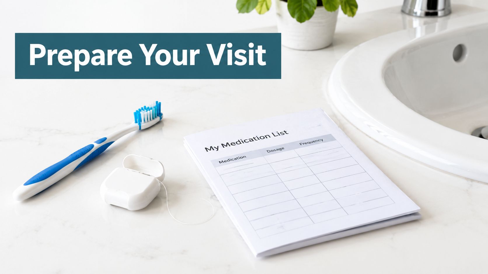 A toothbrush, dental floss, and a blank medication list form sitting on a clean bathroom counter.