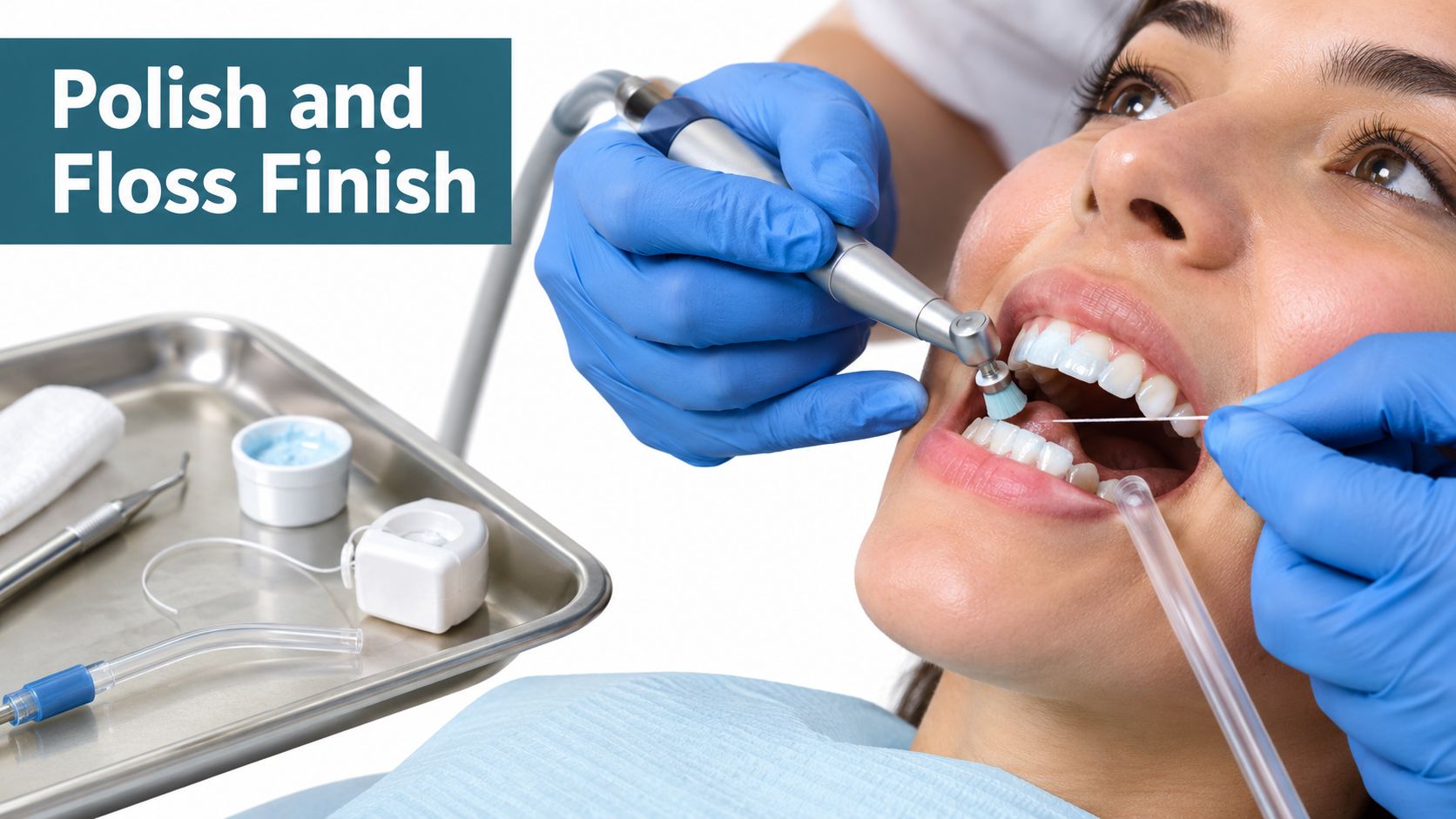 A dental hygienist wearing blue gloves performs a professional tooth polishing and flossing procedure on a patient.