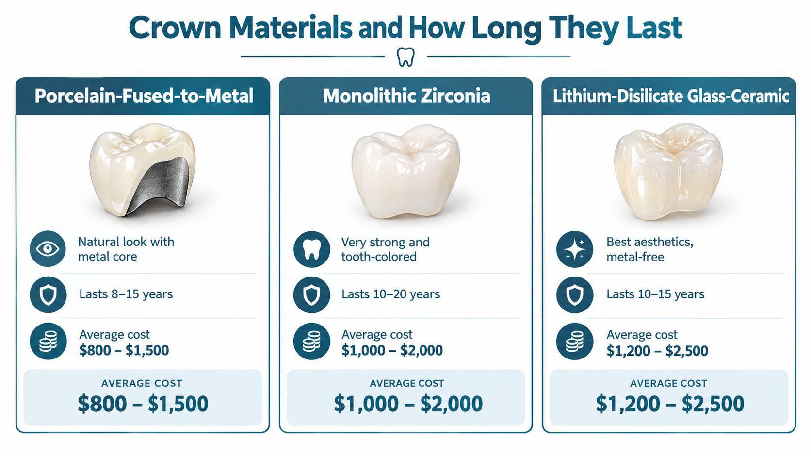 A comparison chart of different dental crown materials, their expected lifespans, and average cost ranges.