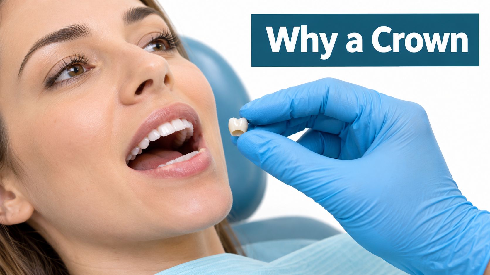 A dentist wearing blue gloves holding a dental crown near a patient ready for treatment.