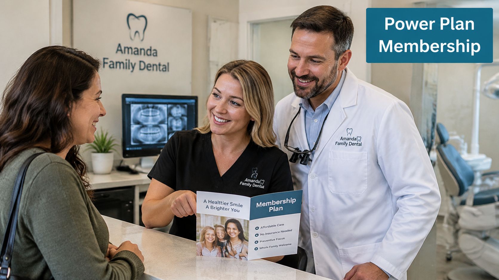 A friendly dental team explains a membership plan brochure to a patient at a modern office counter.