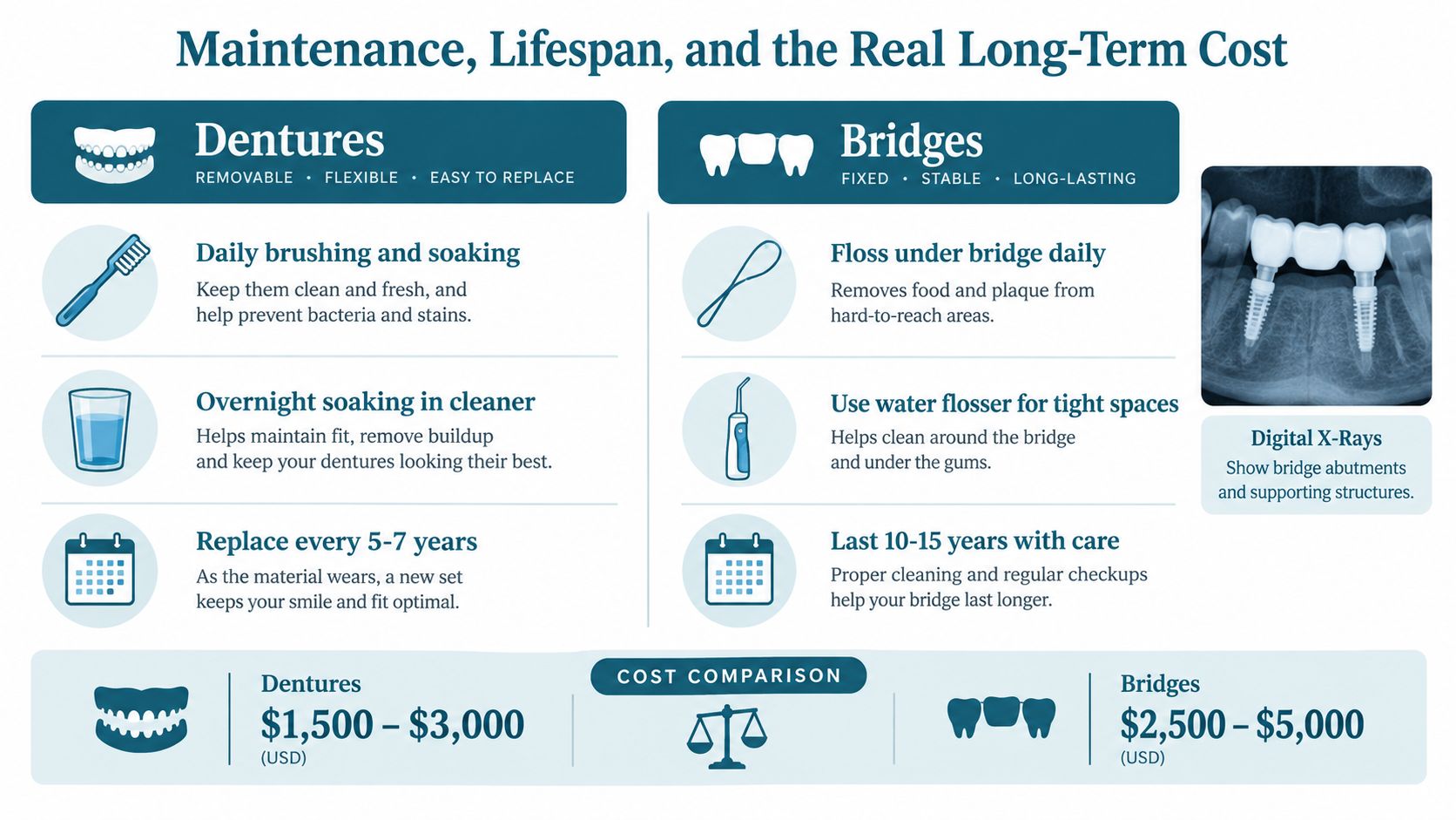 A comparison infographic detailing the maintenance, lifespan, and cost differences between dental dentures and dental bridges.