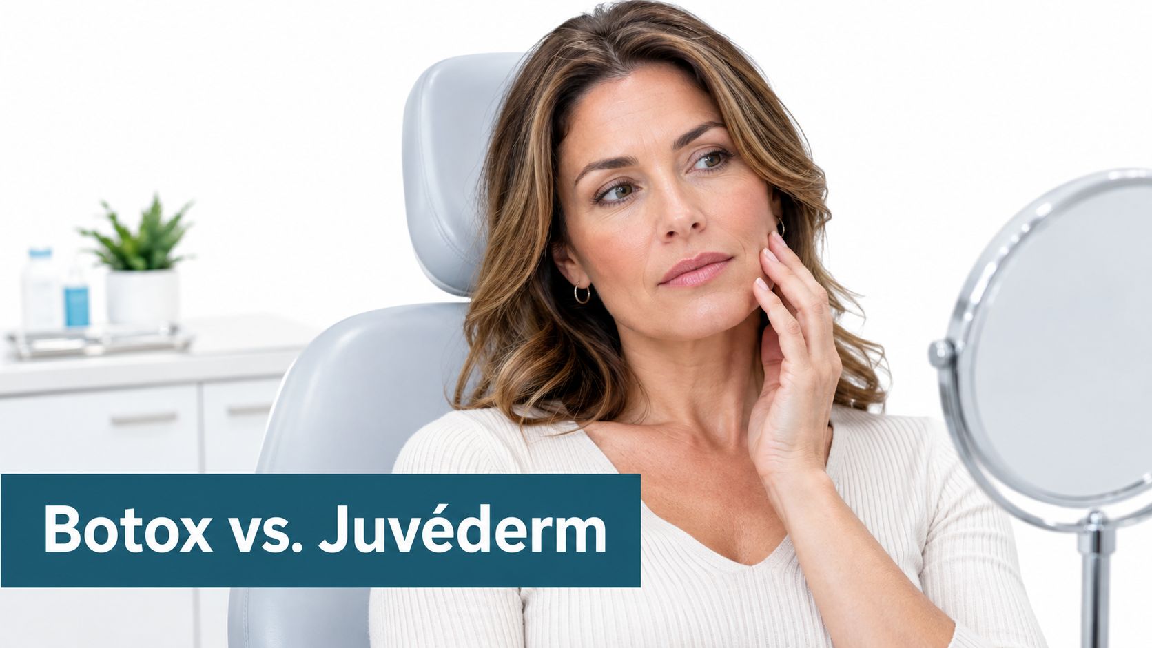A middle-aged woman sitting in a clinical chair contemplating her reflection while considering cosmetic injectable treatments.