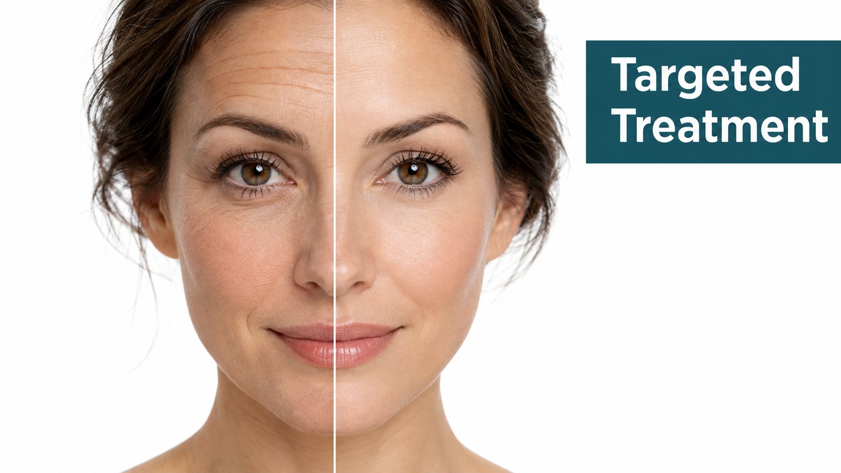 A woman's face split to show wrinkles on one side and smooth skin on the other side.