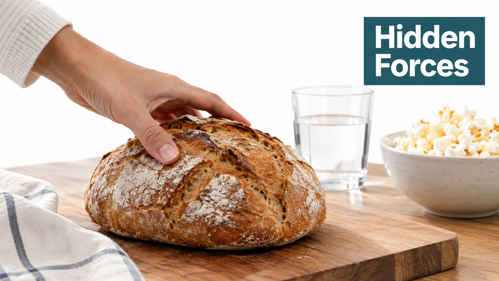 A hand rests on a freshly baked loaf of bread on a wooden cutting board with popcorn.