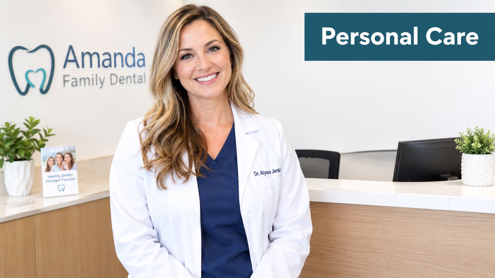 A smiling female dentist wearing a white lab coat standing in a bright, modern dental office reception area.