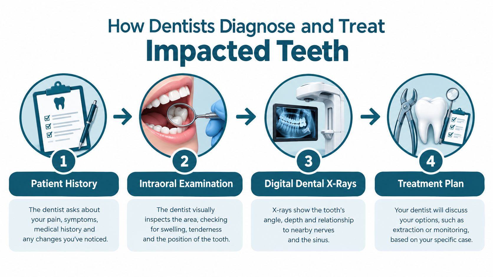 An infographic illustrating the four-step process dentists use to diagnose and treat impacted teeth.