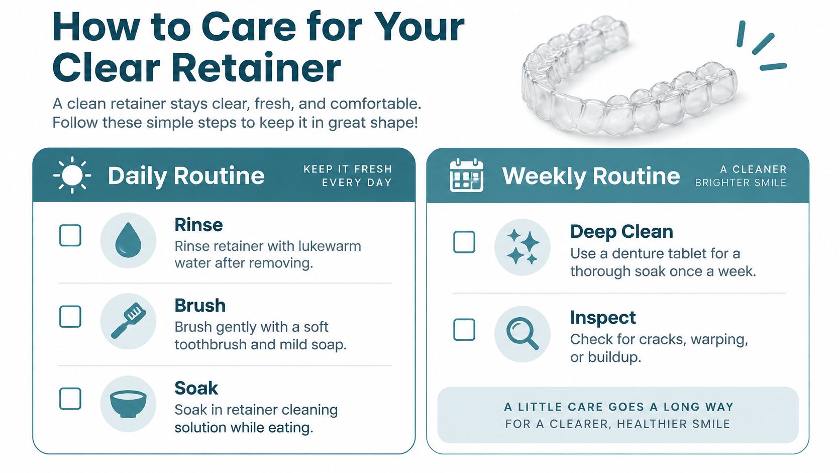 An instructional infographic titled How to Care for Your Clear Retainer with daily and weekly cleaning steps.