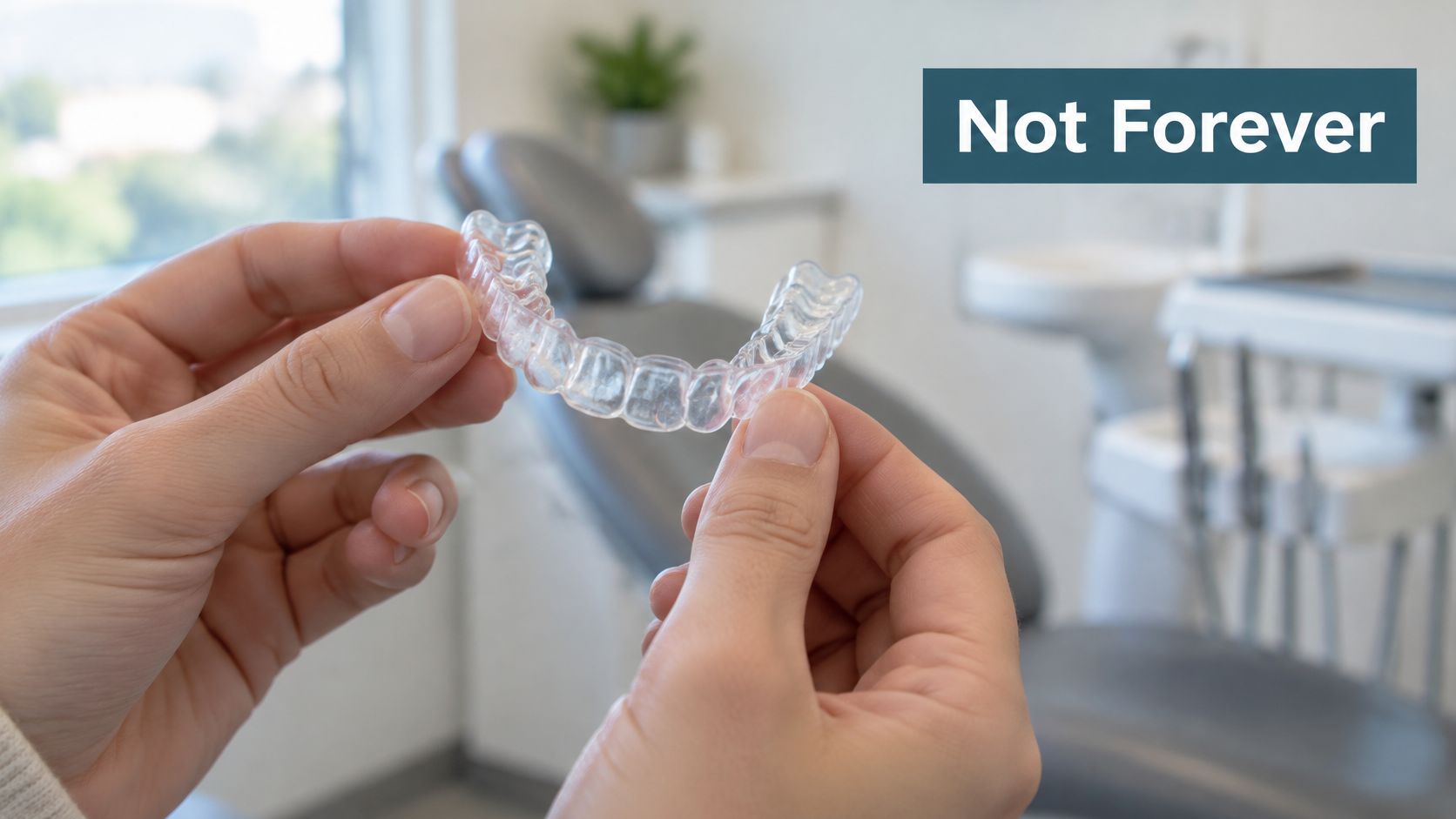A close-up view of a person holding clear plastic dental retainers in a professional dental office setting.