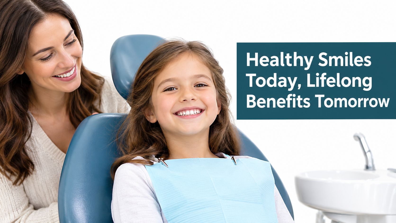 A happy young girl sitting in a dental chair smiling while a dentist observes her.
