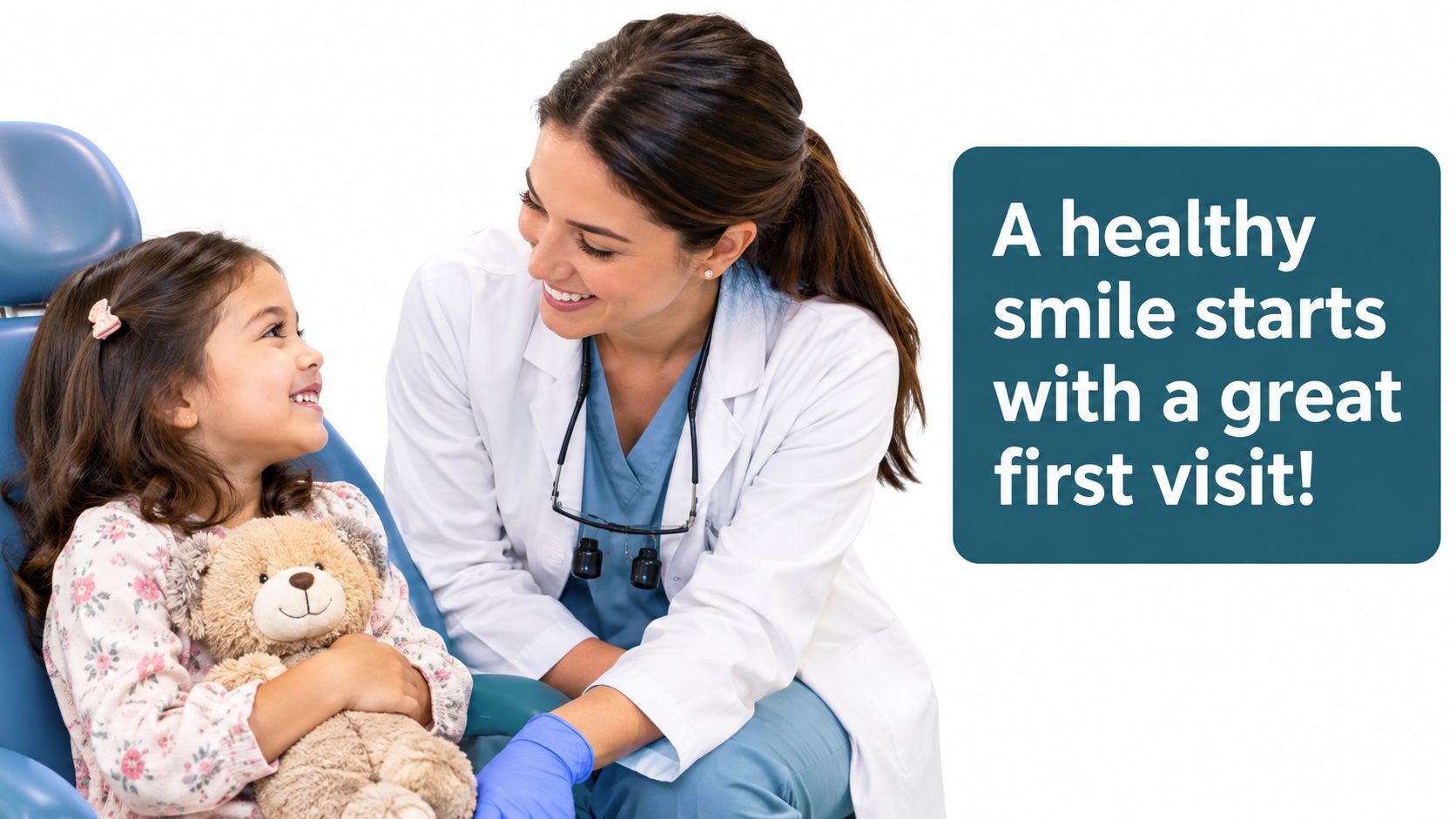 A friendly female dentist interacting with a young girl holding a teddy bear during an office visit.