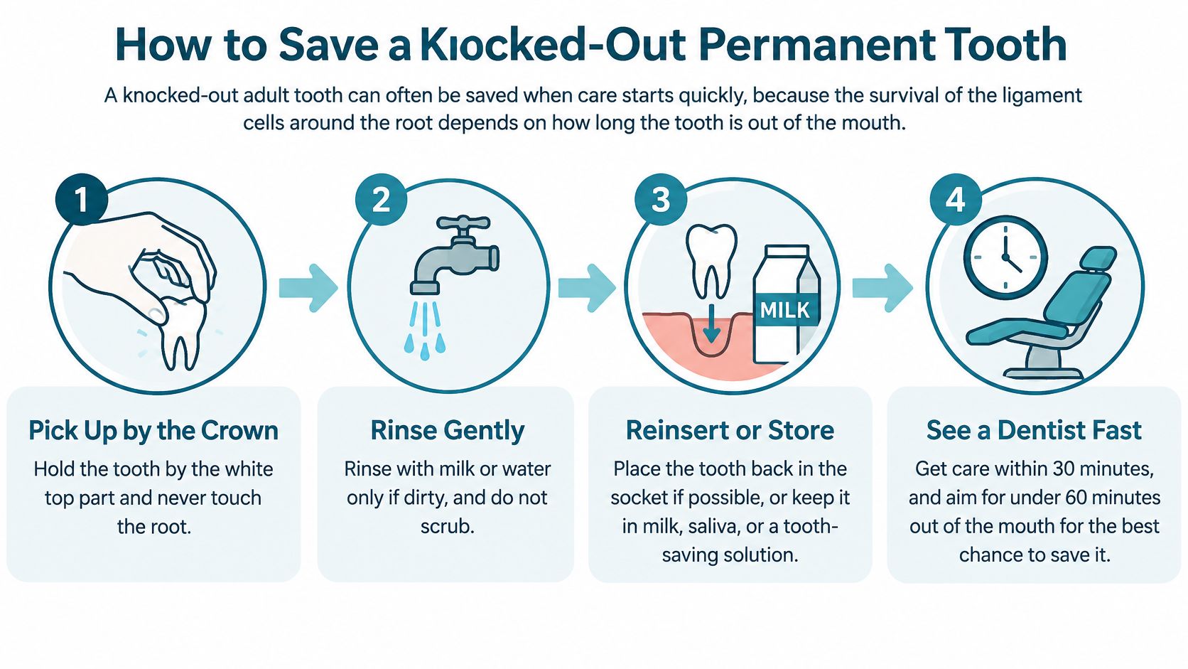 A four-step infographic showing how to save a knocked-out permanent tooth by handling it properly and seeking care.