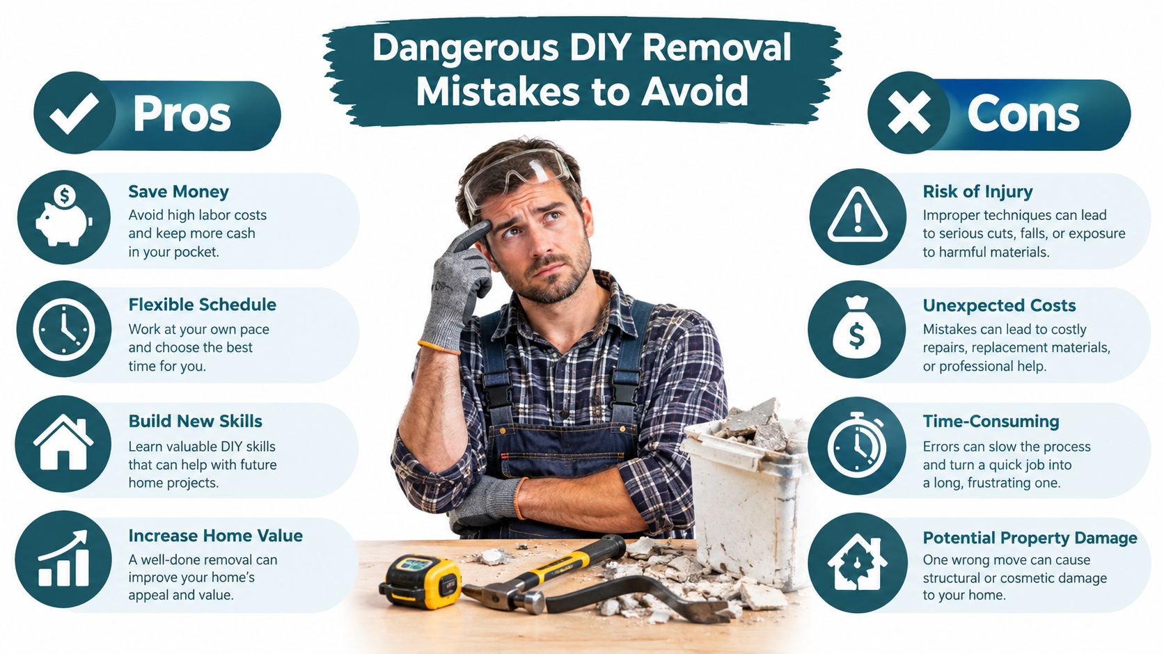 A man in work gear thinking about the pros and cons of dangerous DIY home removal projects.