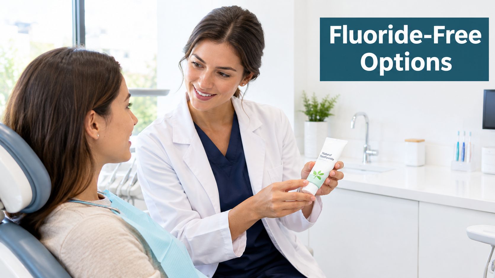 A friendly female dentist in a white lab coat showing natural toothpaste to a female patient.