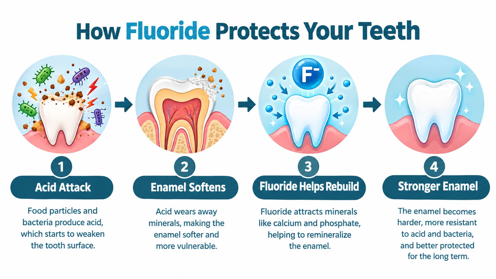 An infographic illustrating the four stages of how fluoride helps protect teeth from acid and decay.