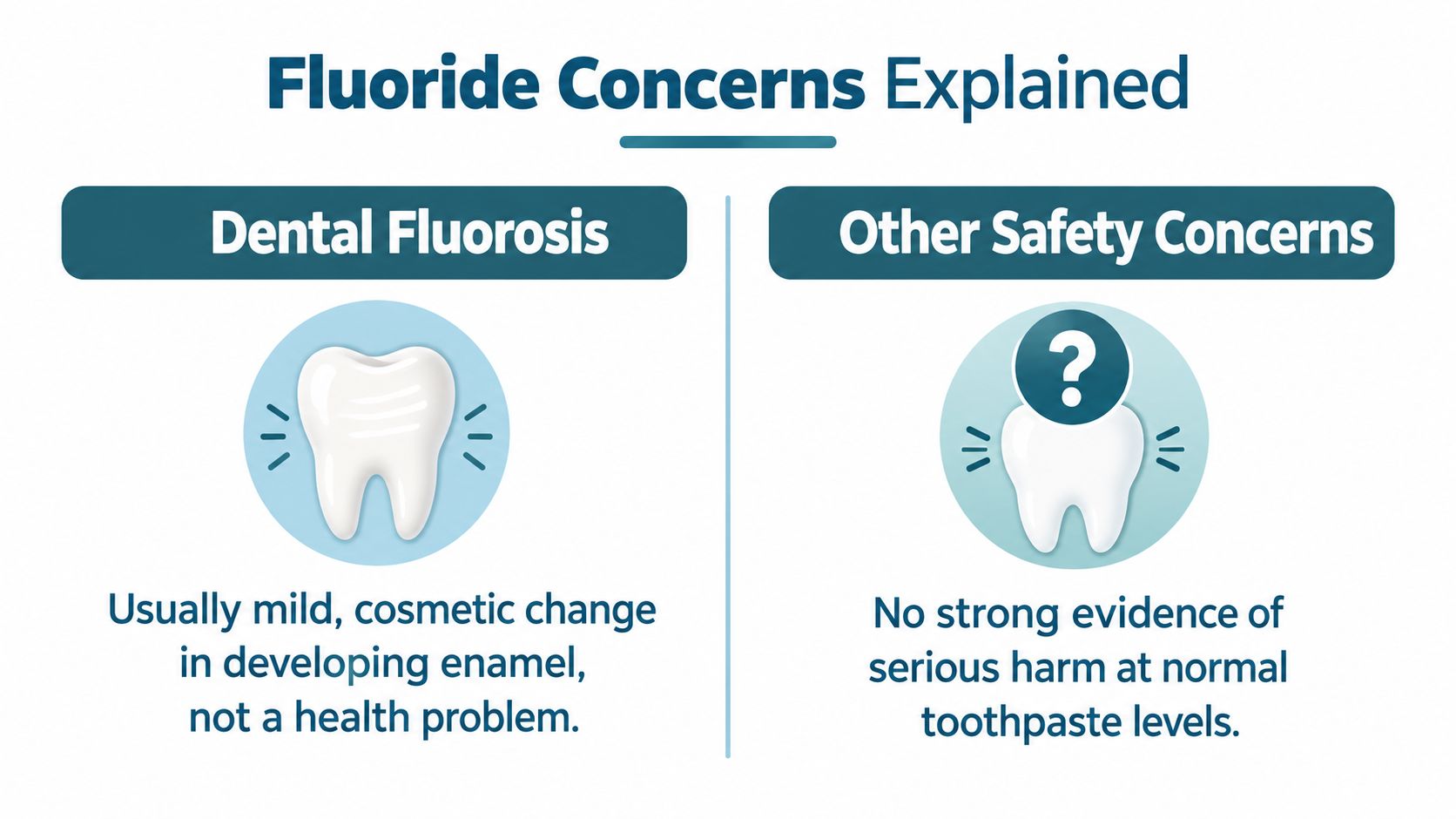 An infographic explaining fluoride concerns, detailing that dental fluorosis is a minor cosmetic issue and safety concerns lack evidence.