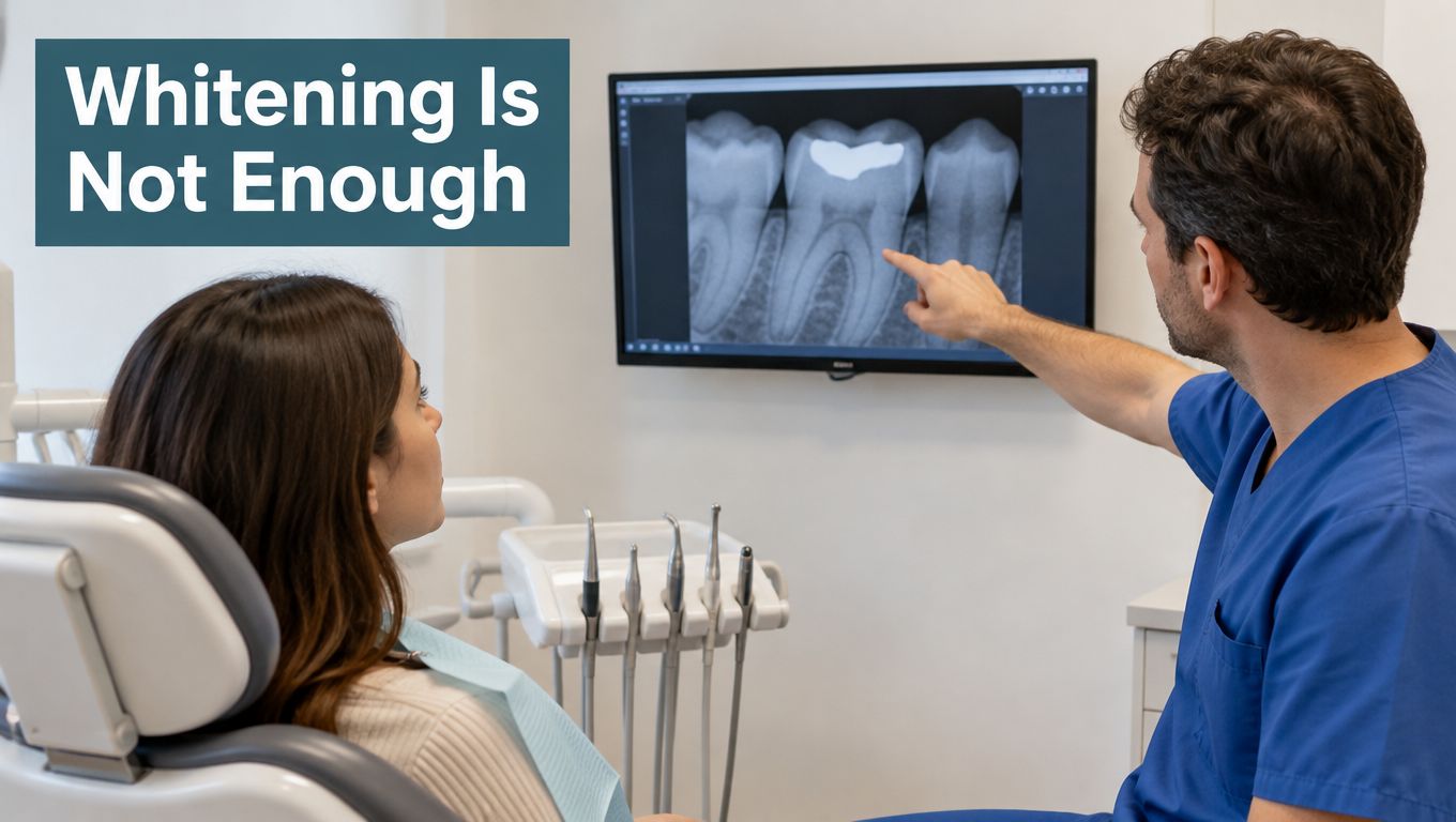 A dentist explaining dental X-ray results to a female patient sitting in a dental clinic chair.