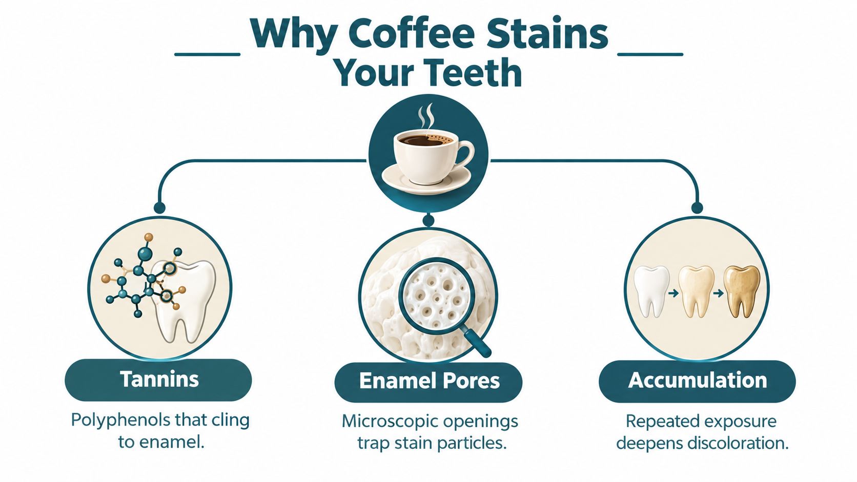 An infographic explaining how coffee causes teeth staining through tannins, enamel pores, and pigment accumulation.
