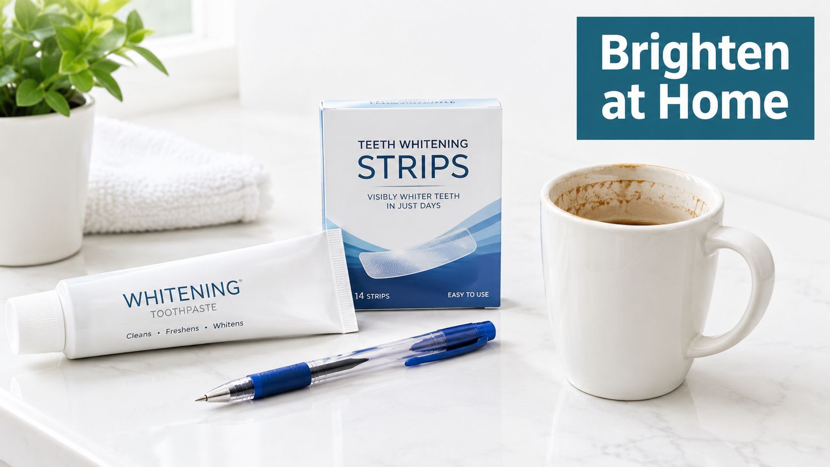 Teeth whitening products and a cup of coffee on a counter to treat coffee stained teeth.