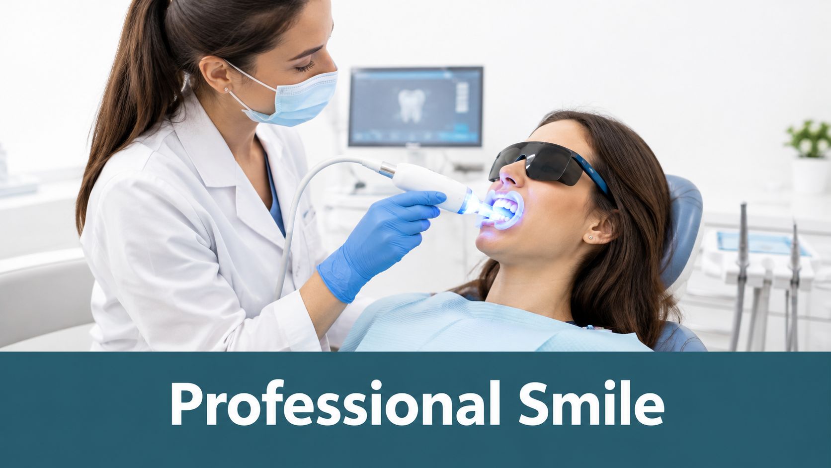 A professional dentist performing a teeth whitening procedure on a patient in a modern dental office.