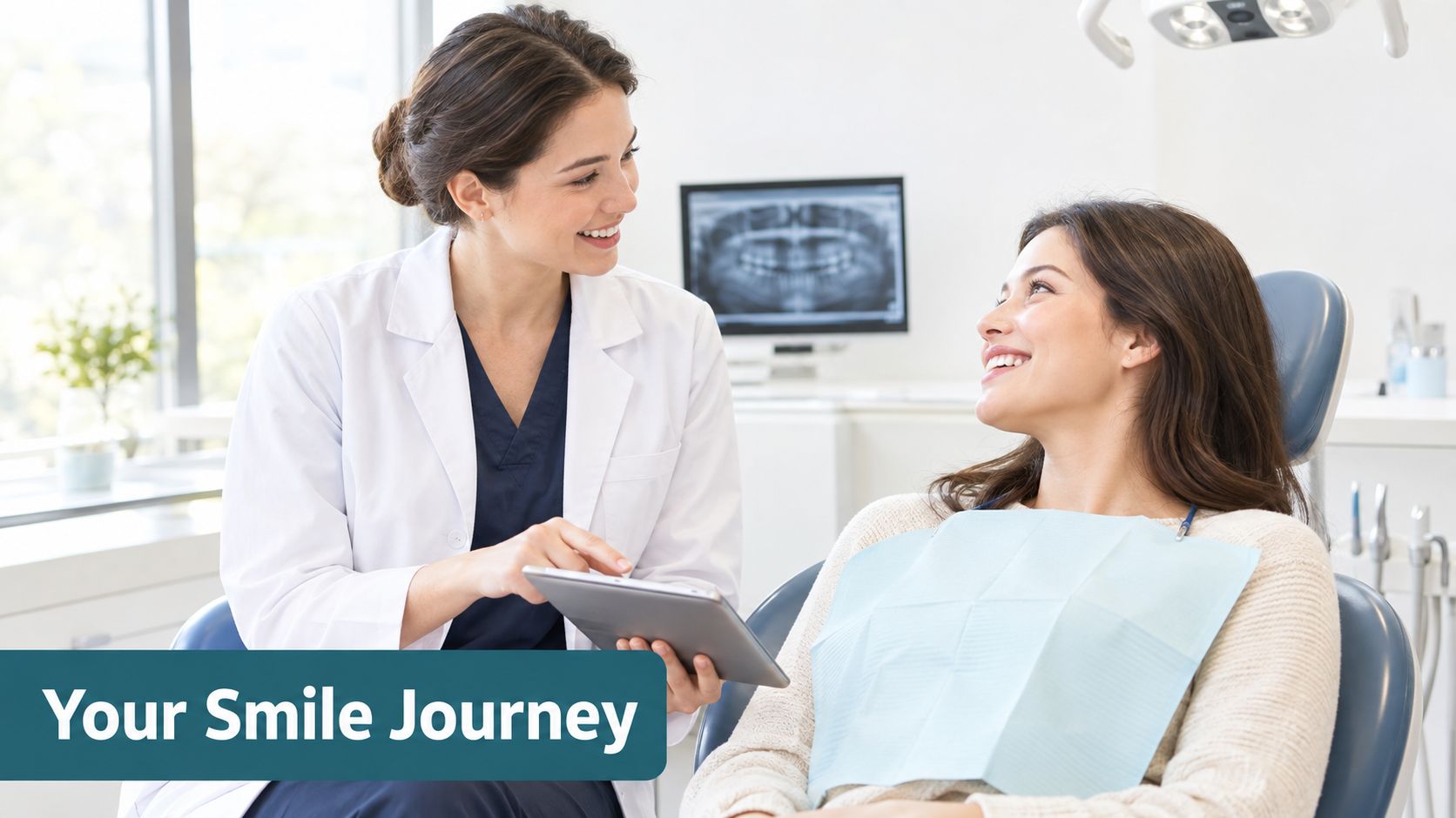 A friendly female dentist in a white coat consulting a smiling patient using a digital tablet.
