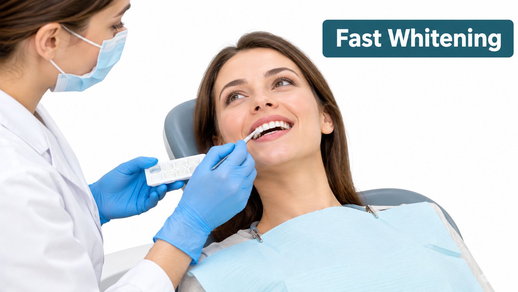 A professional dentist applying a teeth whitening treatment to a smiling female patient in a dental chair.