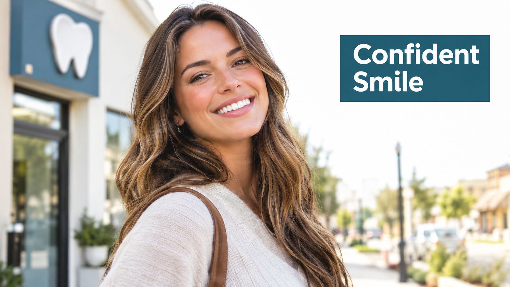 A young woman with a bright, confident smile standing outside a dental office, representing beautiful teeth whitening.