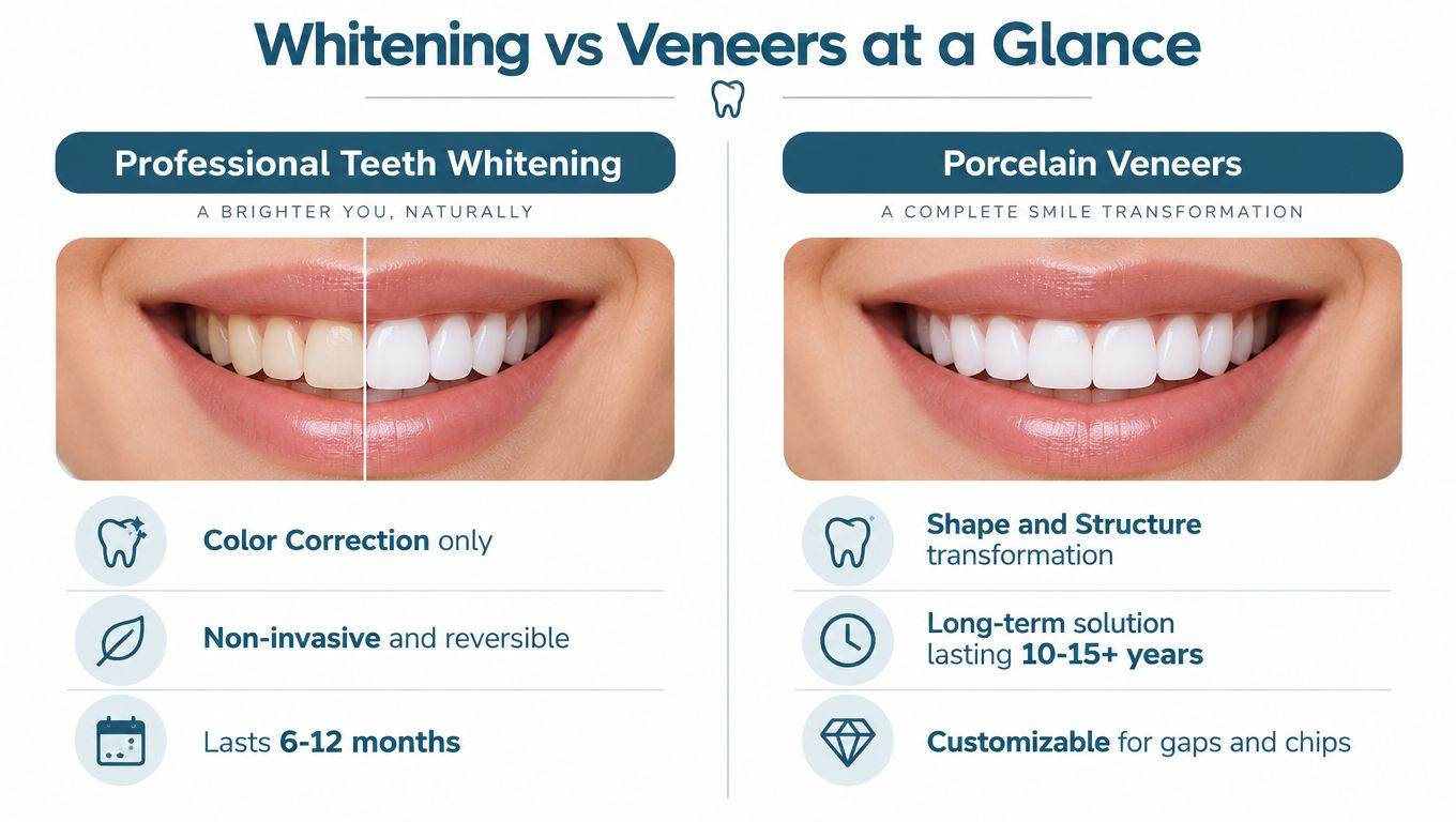 A comparison infographic showing the key differences between professional teeth whitening and porcelain veneers for dental care.