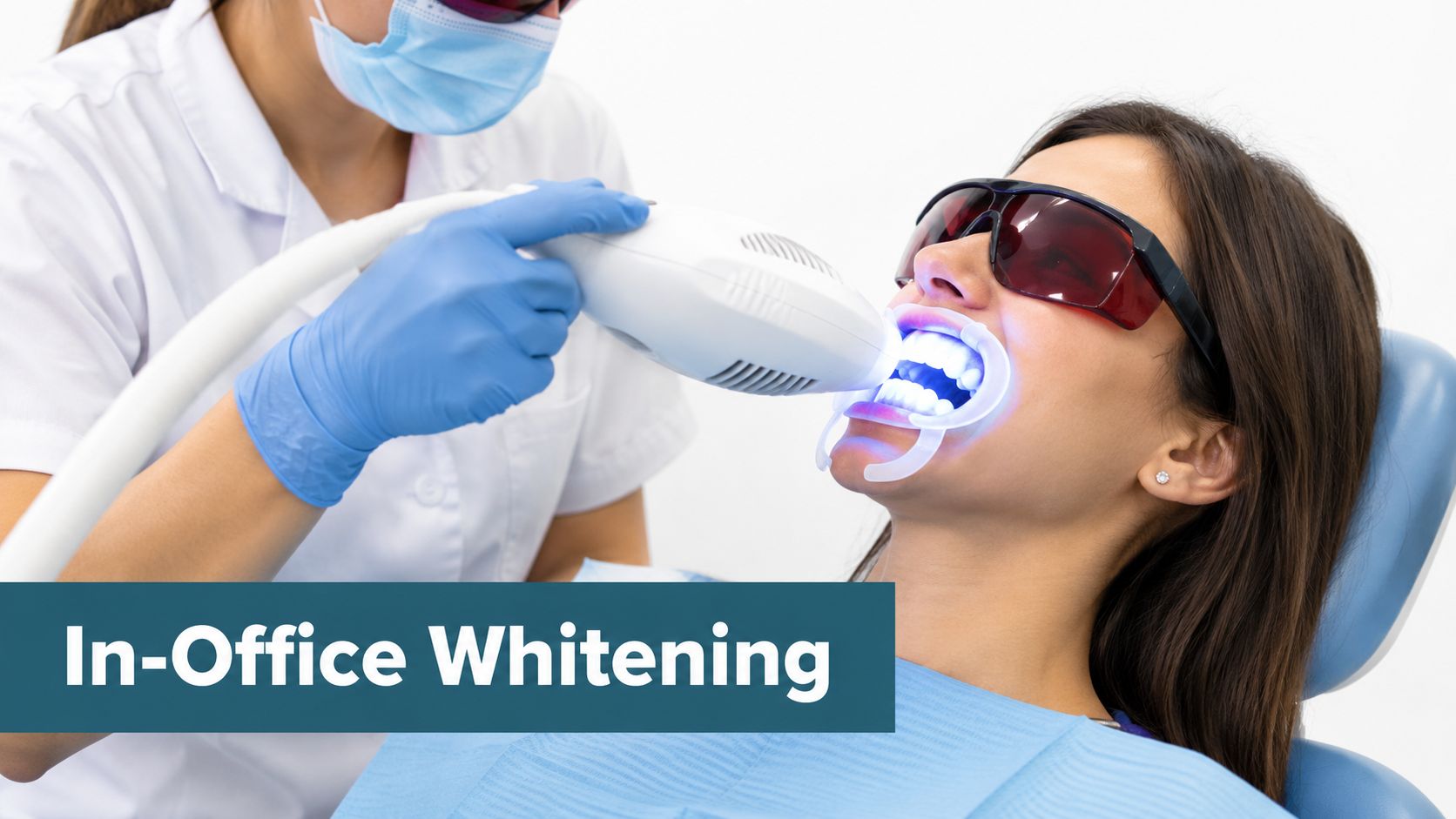 A dental professional uses a blue light device to perform in-office teeth whitening on a female patient.