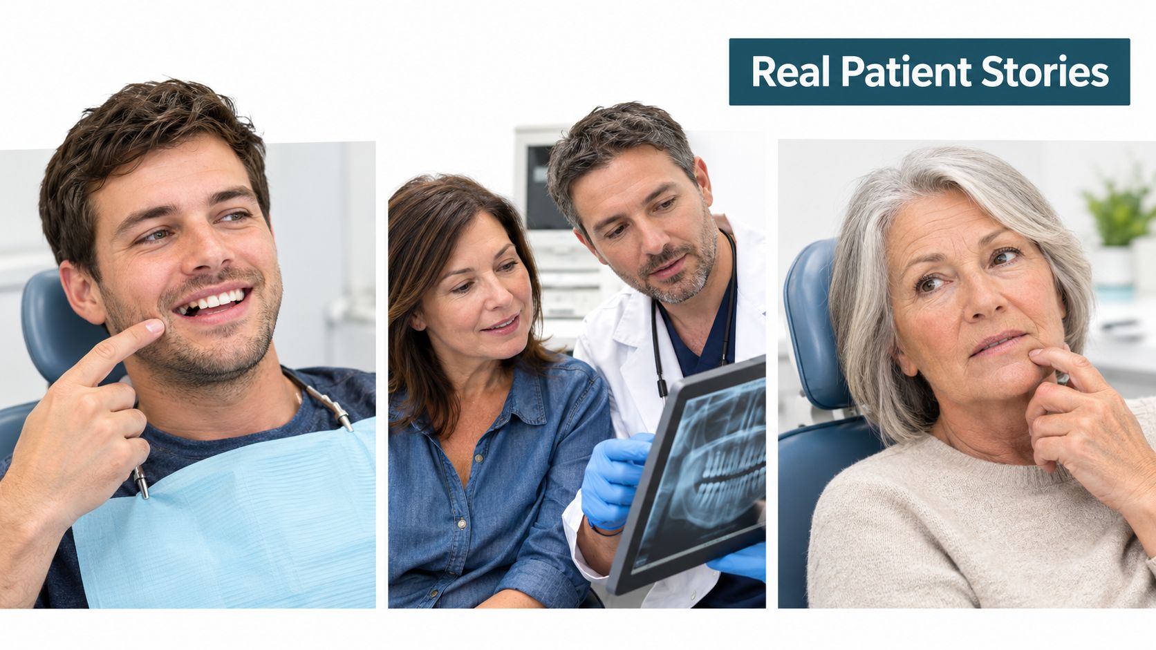 A collage showing patients and a dentist discussing dental implant procedures and treatment plans in a clinic.